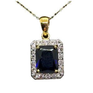 Beautiful 4 Carat Emerald Cut Blue Amethyst Pendant Heart Filagree Pattern Gold